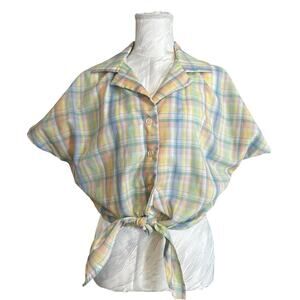Vintage Pastel Plaid Tie Front Cropped Shirt Large